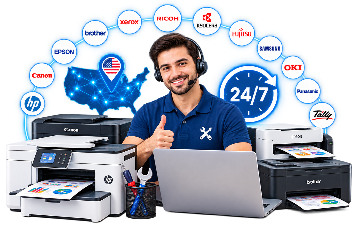 Certified USA-based printer technician offering 24/7 printer repair help for HP, Canon, Epson, Brother, Xerox, Ricoh and more